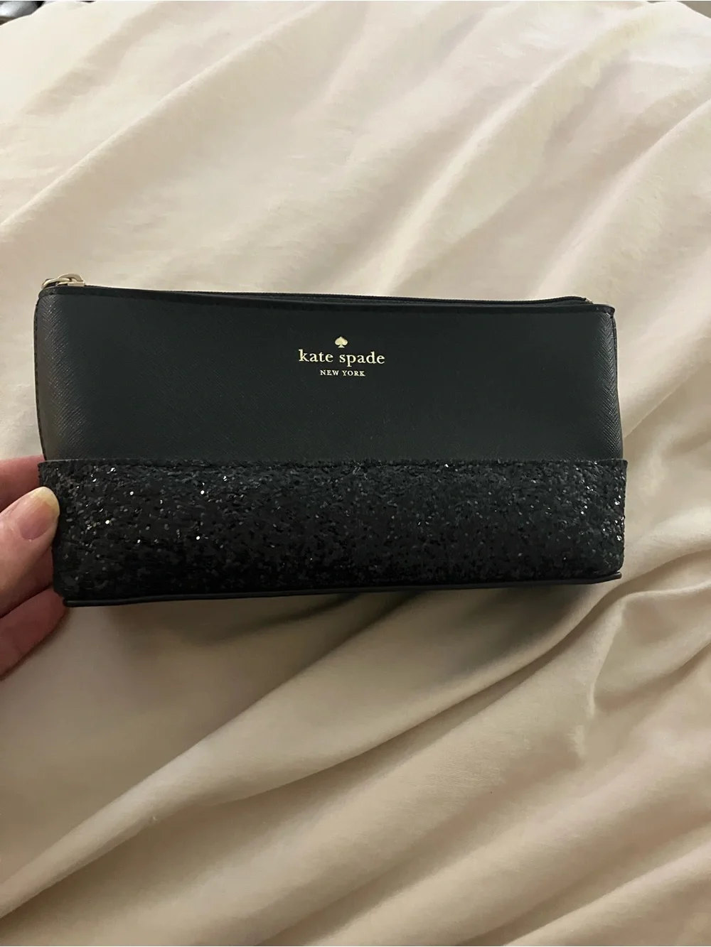 Kate Spade New York Black Saffiano Leather Glitter Makeup Bag Cosmetic Pouch Zip